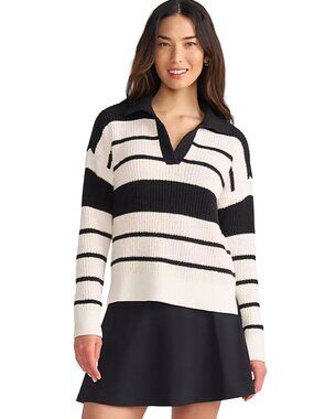 Lands' End Cotton Boucle Johnny Collar Shake Pullover Black Cream 2024 Size M